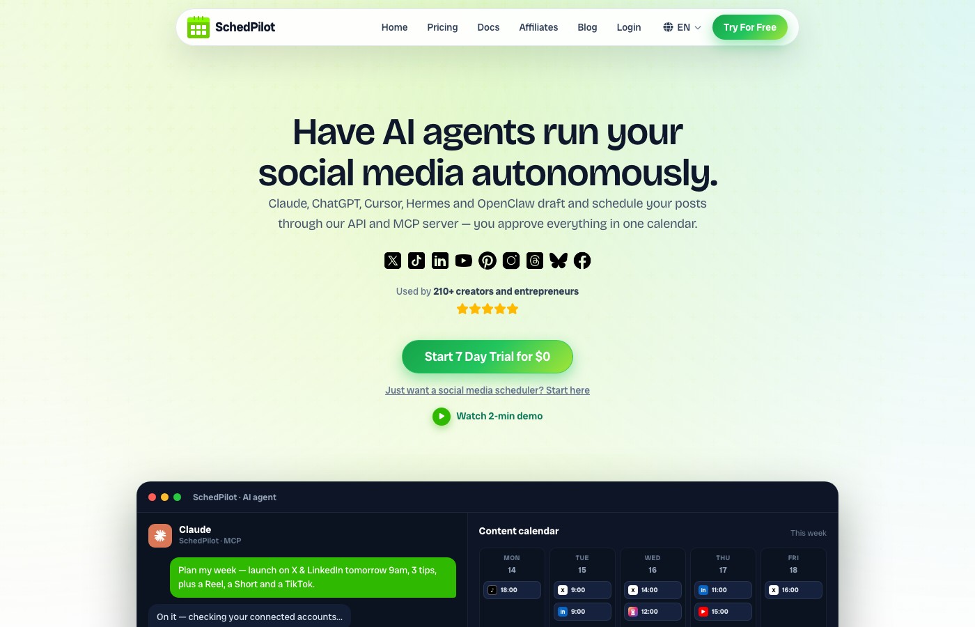 SchedPilot homepage showing an AI agent scheduling posts through MCP into a weekly content calendar